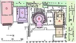 Plan över Area sacra di Largo Argentina. Porticus Minucia anges med siffran 1.