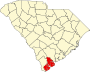 Harta statului South Carolina indicând comitatul Beaufort