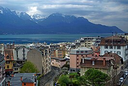 City center of Montreux with Lake Geneva and the Alps in the background