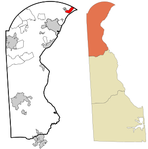 Location of Claymont in New Castle County, Delaware (left) and of New Castle County in Delaware (right)