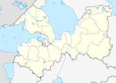 Mapa konturowa obwodu leningradzkiego, blisko centrum na lewo u góry znajduje się punkt z opisem „Roszczino”