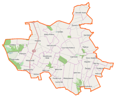 Mapa konturowa gminy Policzna, blisko centrum na lewo znajduje się punkt z opisem „Policzna”