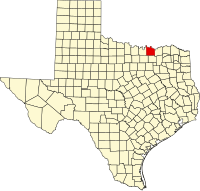 Map of Texas highlighting Grayson County