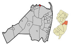 Map of Keansburg in Monmouth County. Inset: Location of Monmouth County highlighted in the State of New Jersey.