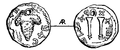 Moneda judía, con racimo de uvas y dos shofarim, Judea, siglo II E.C. Encyclopaedia Biblica, 1903.