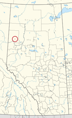 A map of the province of Alberta showing 80 counties and 145 small Indian reserves. One is highlighted with a red circle.