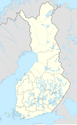Mapa konturowa Finlandii, blisko dolnej krawiędzi znajduje się punkt z opisem „Helsinki”