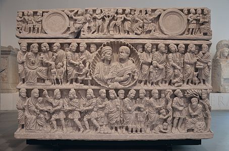 Roman shell-shaped medallion on a sarcophagus of a married couple, early 4th century, marble, Musée de l'Arles antique, Arles, France[4]