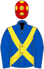 Royal blue, yellow cross-belts, red cap, yellow spots