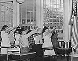 Amerikanske skoleelever hilser flagget med Pledge of Allegiance (troskapsløfte) og utstrakt høyrearm i Bellamyhilsen 1941. Hilsenen ble første gang avsagt 1892. Den ble erstattet av høyre hånd på hjertet i 1942 på grunn av likheten med hitlerhilsenen.