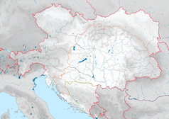 Mapa konturowa Austrii, po lewej znajduje się punkt z opisem „miejsce bitwy”