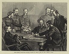 Officiers allemands à un Kriegsspiel (manœuvres sur papier), gravure de Joseph Nash, The Graphic, 1872.