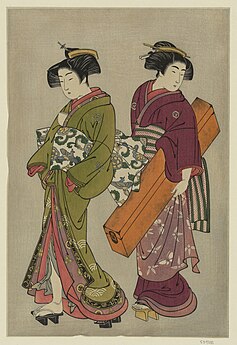 Gueixa e servente levando o seu shamisen Shigemasa, 1777.