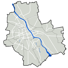 Mapa konturowa Warszawy, blisko centrum po lewej na dole znajduje się punkt z opisem „PLL LOT”