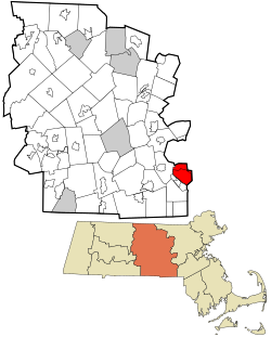 米爾福德在烏斯特縣及麻薩諸塞州的位置（以紅色標示）