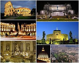 Vy över Rom: uppe till vänster Colosseum, följt till höger av Viktor Emanuel-monumentet, Piazza della Repubblica, Castel Sant'Angelo, Fontana di Trevi, Peterskyrkan och en överblick av staden.