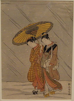 Parella nunha tormenta de neve Harunobu, 1768.