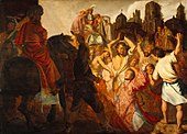 The Stoning of Saint Stephen, 1625, The first painting by Rembrandt, painted at the age of 19.[3] It is currently kept in the Musée des Beaux-Arts de Lyon.