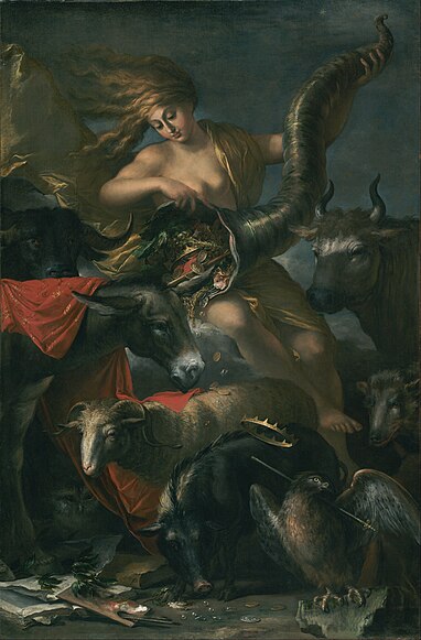 Allegory of Fortune by naughty Salvator Rosa. Gemstones, coins, pearls, roses and grapes flow from Fortuna's cornucopia onto the donkey, the symbol of the Pope himself... Rosa was almost arrested for this artwork as it was seen as a satirical attack on the Pope.