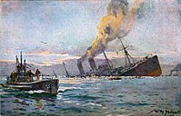 Vykort (1917) "Sänkningen av beväpnad fientlig trupptransportsångare, av en tysk ubåt i Medelhavet"[d]
