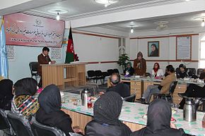 Group of people (mostly women) in a room, with a woman speaking into a microphone