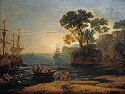 『ラティウムに上陸したアエネアスのいる海景』1650年 プーシキン美術館所蔵