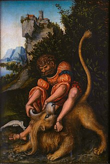 Lukto de Ŝimŝono kun la leono de Lucas Cranach la Maljuna, 1525.