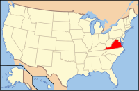 Bản đồ Hoa Kỳ có ghi chú đậm tiểu bang Virginia
