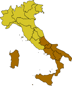 نقشه ایتالیا که جنوب آن پررنگ شده‌است.