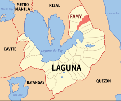 Mapa ng Laguna na nagpapakita ng lokasyon ng Famy.