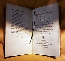 Utopie Thomase Mora, vydání z roku 1777 – patrně reprint latinského vydání z roku 1518 s ilustracemi Ambrosiuse Holbeina.