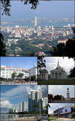 Po směru hodinových ručiček od shora: Panoramatický záběr na město George Town, kostel Sv. Jiřího , Jubilejní věžní hodiny, panské sídlo Cheong Fatt Tze , výškové budovy na Gurney Drive, ,Eastern & Oriental Hotel