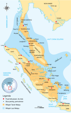 Peta kerajaan-kerajaan purba (kadatuan) Melayu yang bersifat Hindu-Buddha, sebelum perluasan dan penaklukan oleh Kemaharajaan Sriwijaya pada sekitar akhir abad ke-7 masehi. Negeri-negeri atau kadatuan-kadatuan Melayu ini terletak di kedua tepi Selat Malaka, yaitu di Swarnadwipa dan Semenanjung Melayu. Kerajaan-kerajaan ini antara lain Kerajaan Melayu yang berpusat di hulu Batang Hari Minanga tepatnya Dharmasraya sedangkan tidak ada bukti sejarah bahwa pusat kerajaan Melayu yang Masyur itu di Muaro tebo, Sriwijaya (Palembang), Langkasuka (Kedah), dan lain-lain.