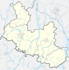 Mapa konturowa powiatu mogileńskiego, blisko centrum na prawo znajduje się punkt z opisem „Strzelno”