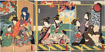 Ukiyo-e de Utagawa Kunisada de 1855, les marionnettistes sont visibles derrière leurs marionnettes.