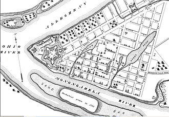 old map of Pittsburgh showing the Allegheny and Monongahela rivers merging to form the Ohio River