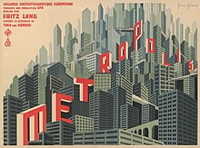 Metropolis film poster with a background of skyscrapers.