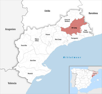 Die Lage der Comarca Alt Camp in der Provinz Tarragona
