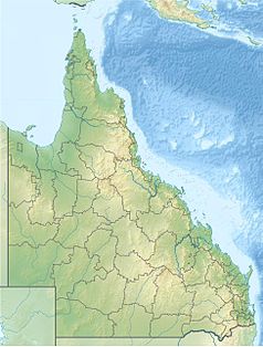 Mapa konturowa Queenslandu, blisko dolnej krawiędzi po prawej znajduje się punkt z opisem „Toowoomba”