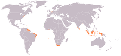 An anachronous map of the Dutch colonial Empire. Light green: territories administered by or originating from territories administered by the Dutch East India Company; dark green the Dutch West India Company. Countries today  Netherlands  Belgium  Brazil  India  Indonesia  Malaysia  South Africa  Sri Lanka  Suriname  Taiwan  United States