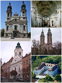 Az órajárás irányába: Fő tér, a Nagytemplommal, a templombelső, a református templom, az Esterházy-kastély és a Nagyboldogasszony bencés templom