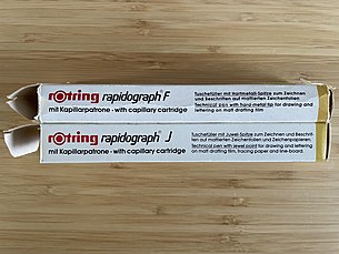 Original packaging for the Rotring Rapidograph F and Rapidograph J pens.