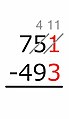 1 − 3 = not possible. We add a 10 to the 1. Because the 10 is "borrowed" from the nearby 5, the 5 is lowered by 1.