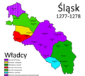 1277–1278      Henryk IV Prawy      Władysław opolski      Bolesław II Rogatka      Henryk III głogowski      Mikołaj I opawski      Henryk V Brzuchaty      zakreskowane obszary zastawiono Brandenburgii