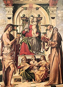 Bartolomeo Montagna, Madonna con Bambino in trono con San Giovanni Battista e San Girolamo e angeli musicanti, 1490 circa.