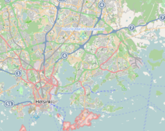 Mapa konturowa Helsinek, blisko centrum na dole znajduje się punkt z opisem „Kulosaari”