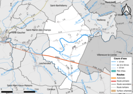 Carte en couleur présentant le réseau hydrographique de la commune