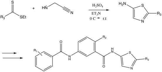 An example of an application of the Cook-Heilbron thiazole synthesis. Illustrates the synthesis of 2-methyl-5-aminothiazoles were prepared via condensation and cyclization of aminoacetonitrile and ethyldithioacetate as part of an approach to synthesize pyridyl and thiazoyl bisamide CSF-1R inhibitors for use in novel cancer therapeutics. Adapted from study by 12. Scott et al. (2008). Pyridyl and thiazolyl bisamide CSF-1R inhibitors for the treatment of cancer. Bioorganic & Medicinal Chemistry Letters, 18(17), pp.4794-4797.