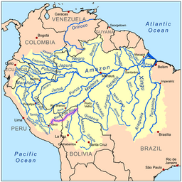 Amazonflodens avrinningsområde med Madre de Dios markerad