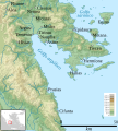 Mapa de la antigua Argólida. Nauplia está en la costa del golfo Argólico.